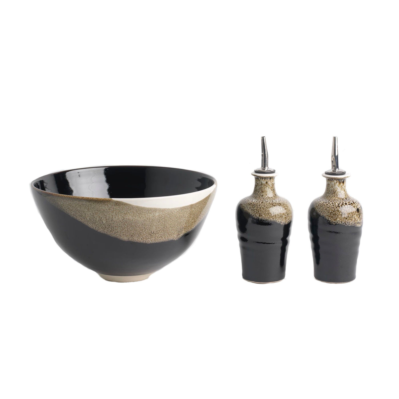 Salad Bowl and Set of Oil/Vinegar Pourers (129B/137Fx2), Louis Mulcahy Pottery