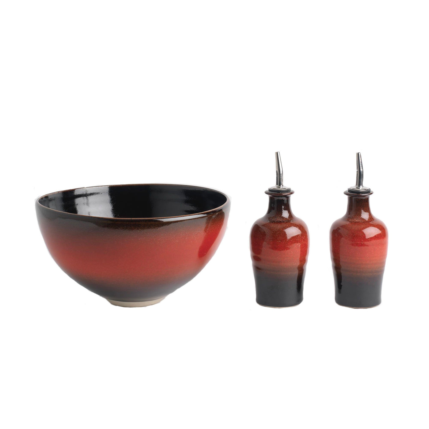 Salad Bowl and Set of Oil/Vinegar Pourers (129B/137Fx2), Louis Mulcahy Pottery